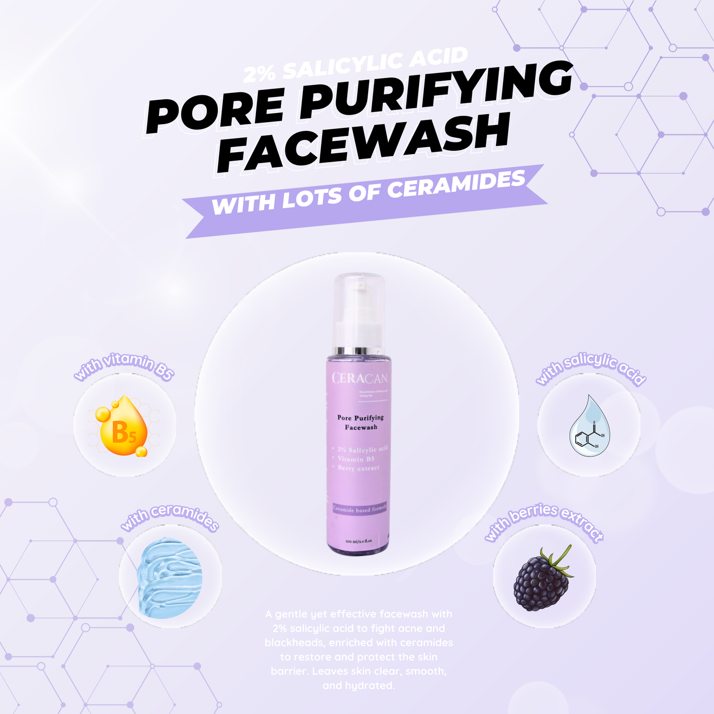 Ceracan Facewash | Pore Purifying Facewash | 2% Salicylic Acid - Vitamin B5 + Ceramides|